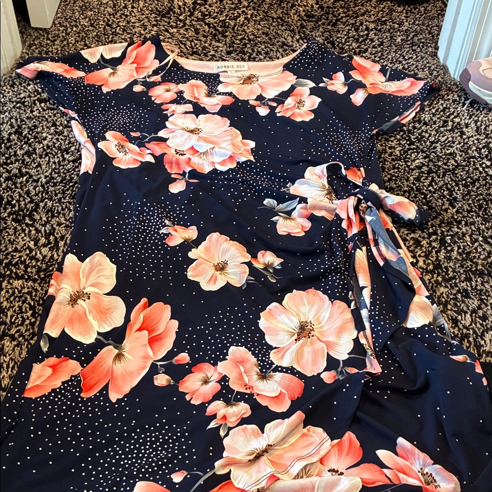 Robbie Bee Navy Dress with Pink Floral Design